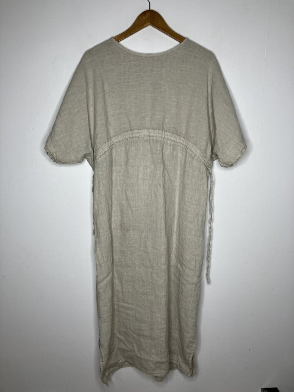 Vanessa Zani Women's L 100% Linen Midi Dress Beige Drawstring